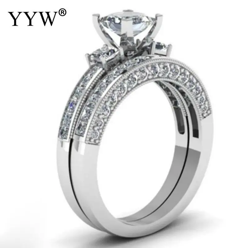 

2pcs/lot Engagement Ring Stainless Steel Wedding Ring Sets AAA CZ Zircon Square And Round Zircon DropShipping