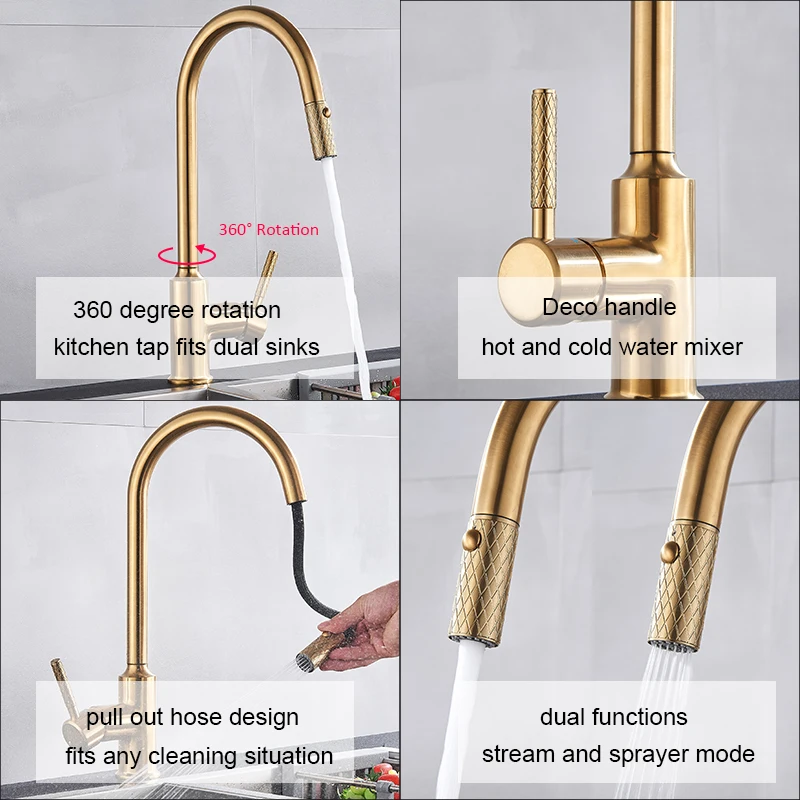  Quyanre Pull Out Kitchen Faucet Brushed Bronze Gold Kitchen Sink Water Tap 360 Rotation Kitchen Mix - 33030586839