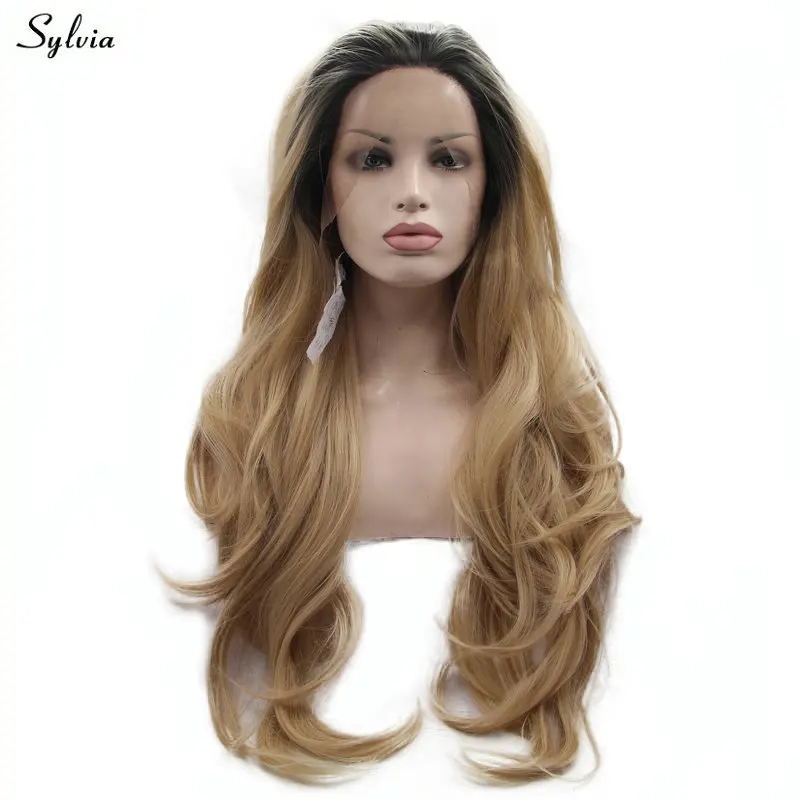 Sylvia темные корни Омбре блонд два тона мягкие длинные волосы ручной работы Синтетические Кружева передние парики для женщин девушек тело волна Косплей парики