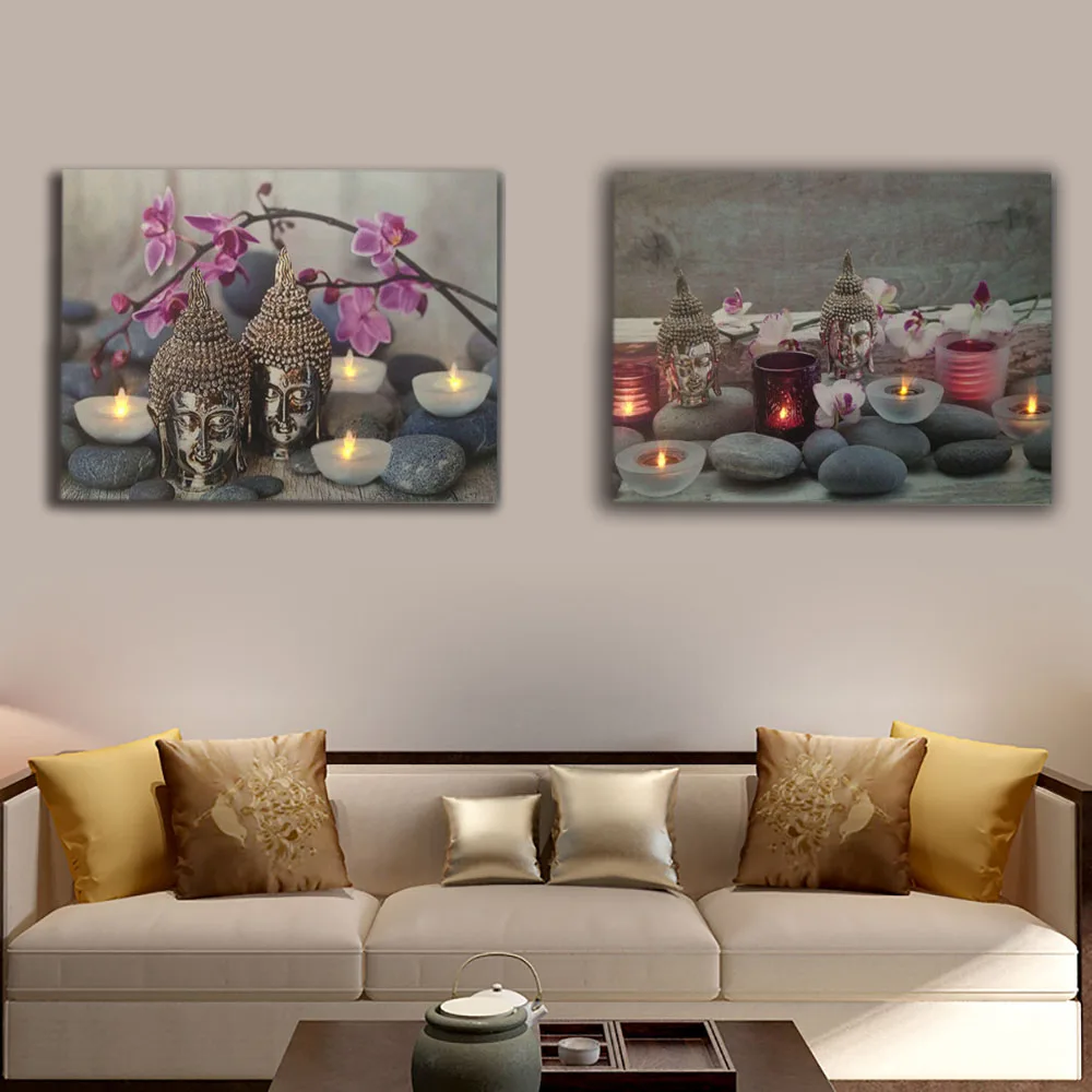 

Buddha head with tea candles orchid wall picture led flicking canvas painting light up printing artwork for living room