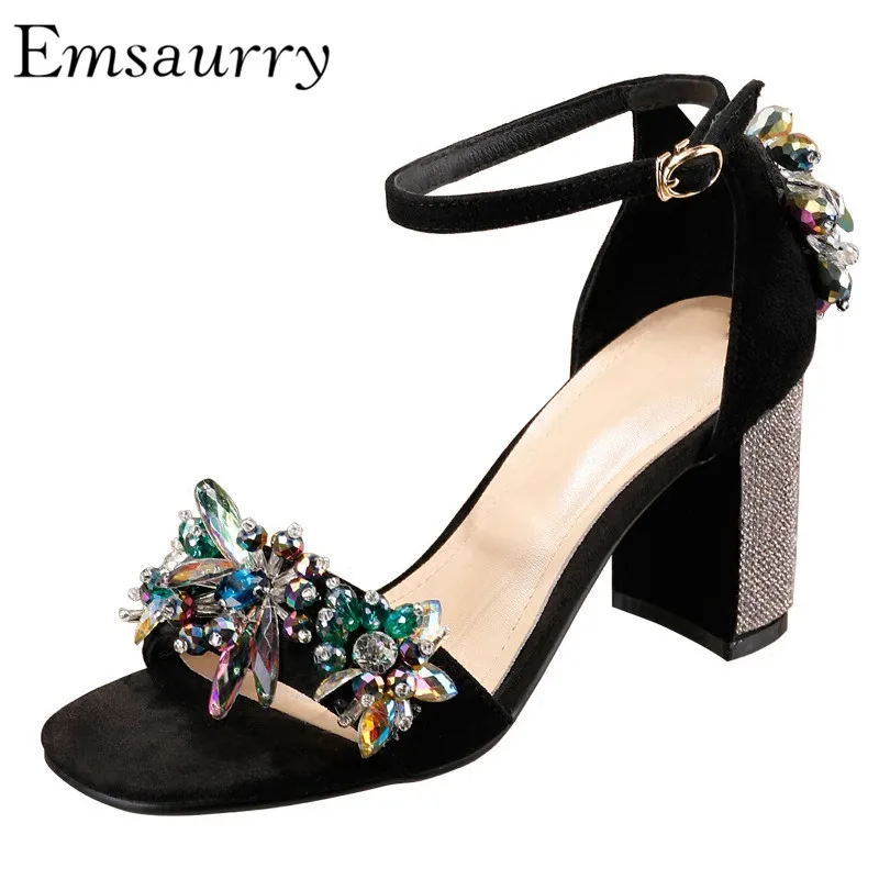 

Colorful Crystal One-strap Summer Shoes Jewelled Flower Hot Fix Rhinestone Chunky Heel Sandals Women