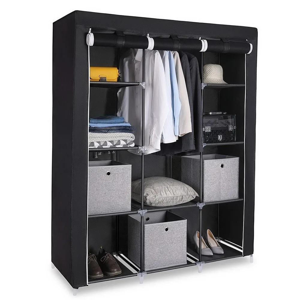 cheap Modern Non woven Cloth Wardrobe with Side Pocket Clothing Storage Cabinet Folding Steel Individual Closet Bedroom Furniture