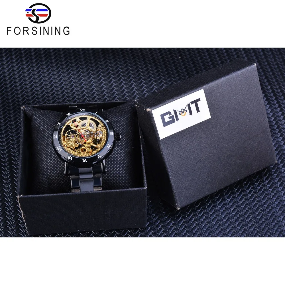 Forsining Retro Royal Flower Golden Skeleton Clock Red Black Pointers Stainless Steel Mens Automatic Watch Top Brand Luxury