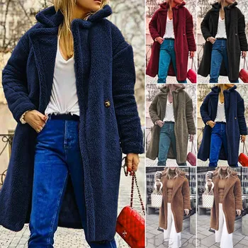 

Fashion Women Winter Warm Faux Fur Trench Outwear Ladies Long Cardigan Overcoat Tops Long Cardigan Thick Coat