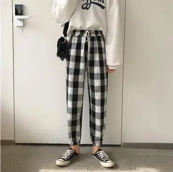 

Spring new elastic waist plaid women harem pants casual Ankle-Length Pants