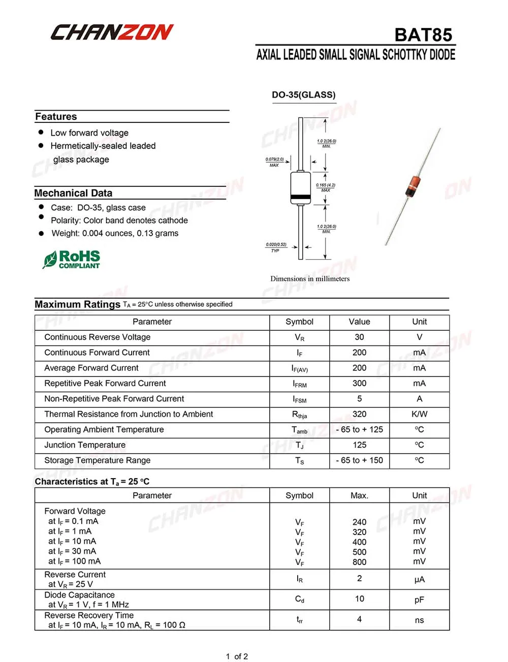 100 шт.) BAT85 Шоттки барьер выпрямитель диоды 200mA 30 V DO-35(DO-204AH) осевой 0.2A 30 вольт малый сигнал переключения