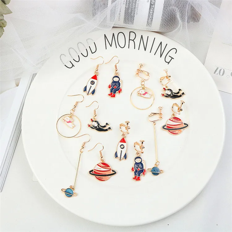 

Creative Clip Earrings Rocket Astronaut Asymmetric Girly Cute Cartoon Earrings Without Hole Ear Clips Fine jewelry gift
