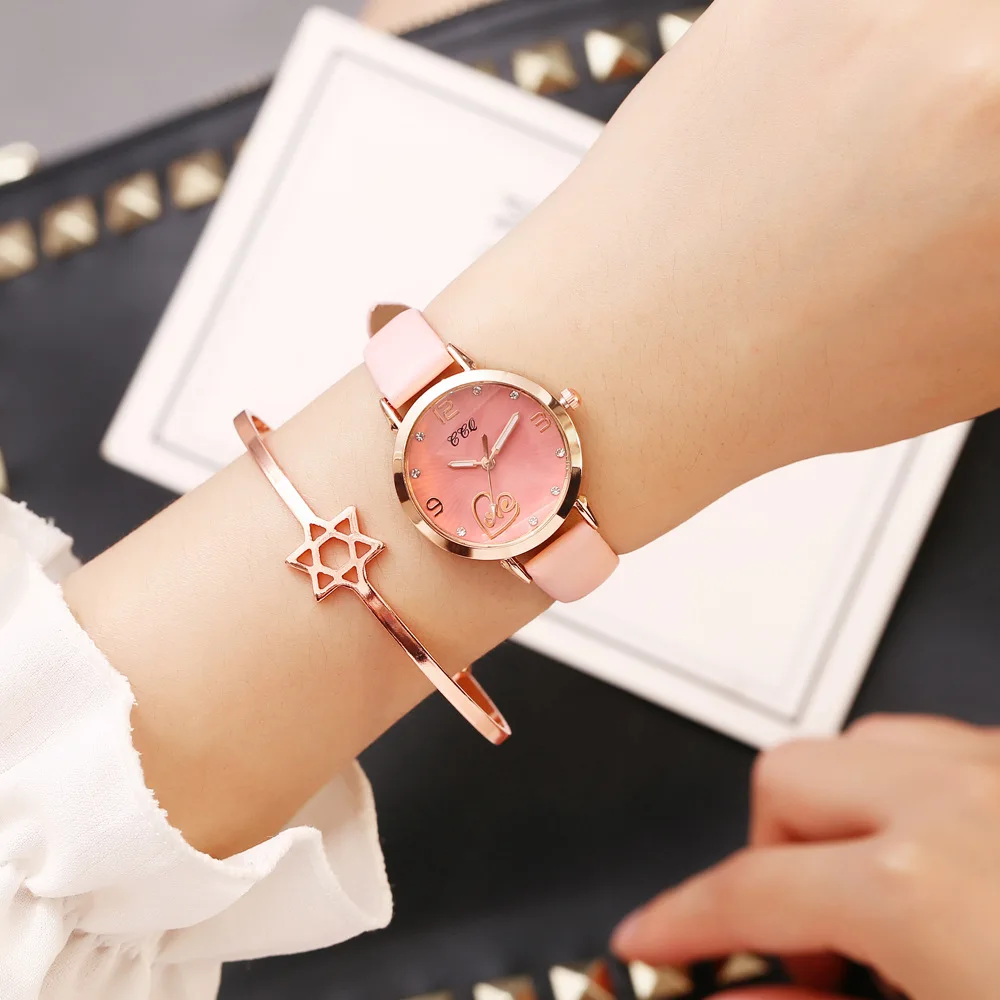 

Fashion Pink Leather Watches For Women Metal Case Quartz Clock Luxury Crystal Ladies Love Dial Casual Wristwatches montre femme