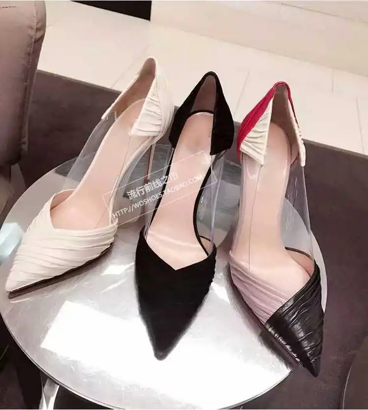 

High Quality Genuine Leather Heels Shoes for Women 2017 European Brand Pointed Toe Contrast Color Thin Heels Pumps S3558