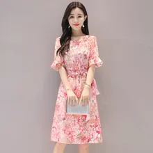 Summer New Bohemian Slim Temperament Floral Dress Half Sleeve Trumpet Sleeve Belt Beauty Temperamental Woman Dress exaggerate bow detail trumpet sleeve dress