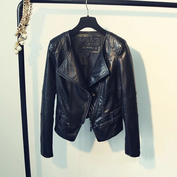 2019 Balck Faux Leather Jacket For Women O Neck Long Sleeve Zipper Washable Leather Jackets Female Biker Motorcycle Jacket Woman