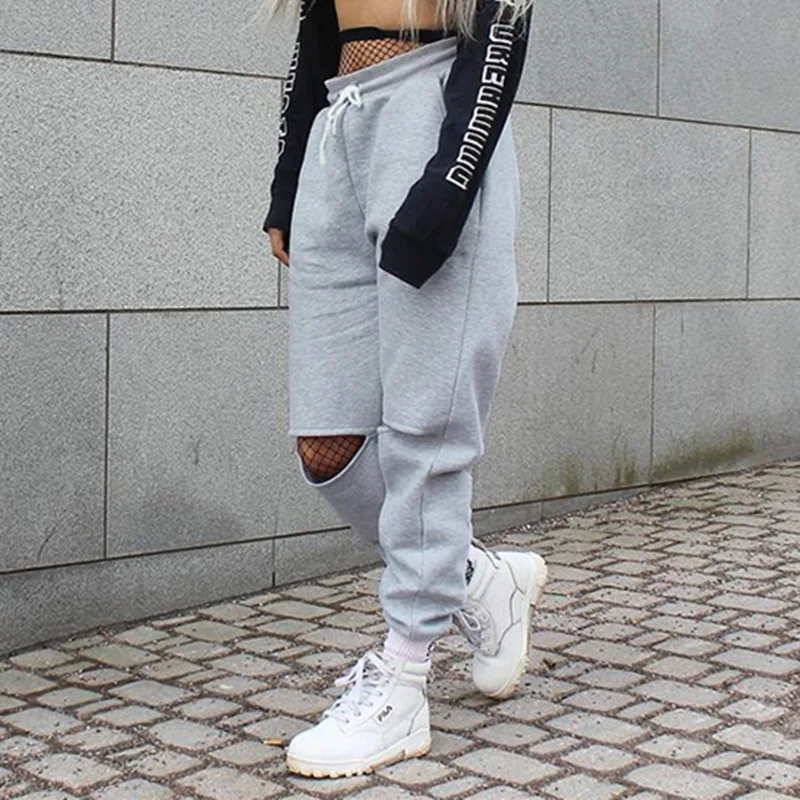 Billig Frauen Lose Baggy Hosen Mode 2019 Frühling Grau Solide Not Jogger Jogginghose Ripped Hiphop Tanz Hosen Plus Größe