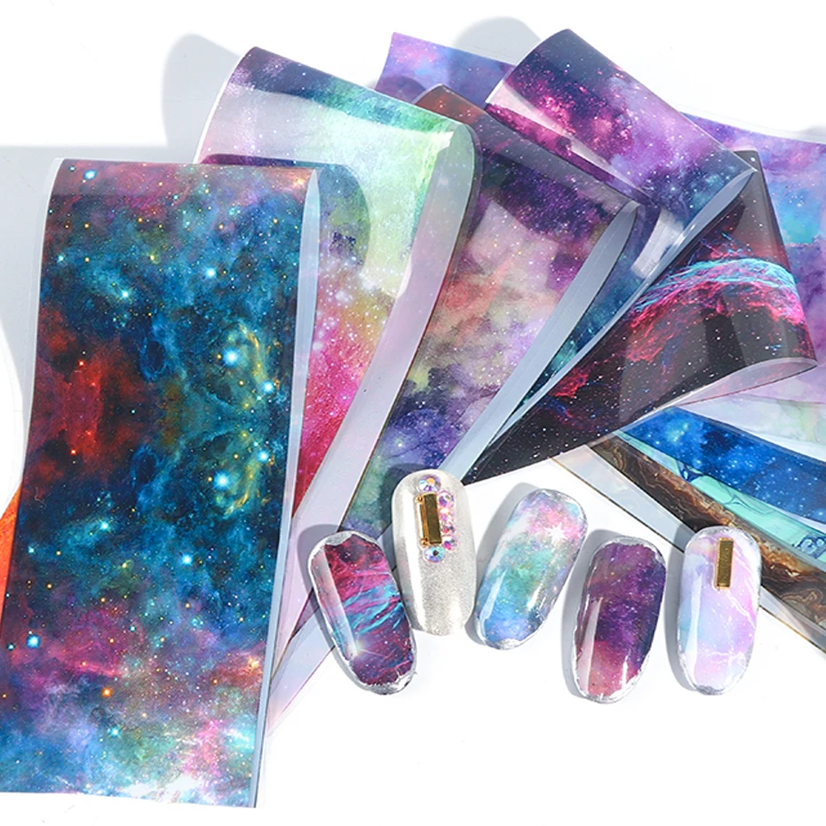 10pcs Starry Sky Nail Foil Set Transfer Glue Holographic Gradient Galaxy Star Adhesive Sticker Decal Slider Manicure Decor LA975 (8)
