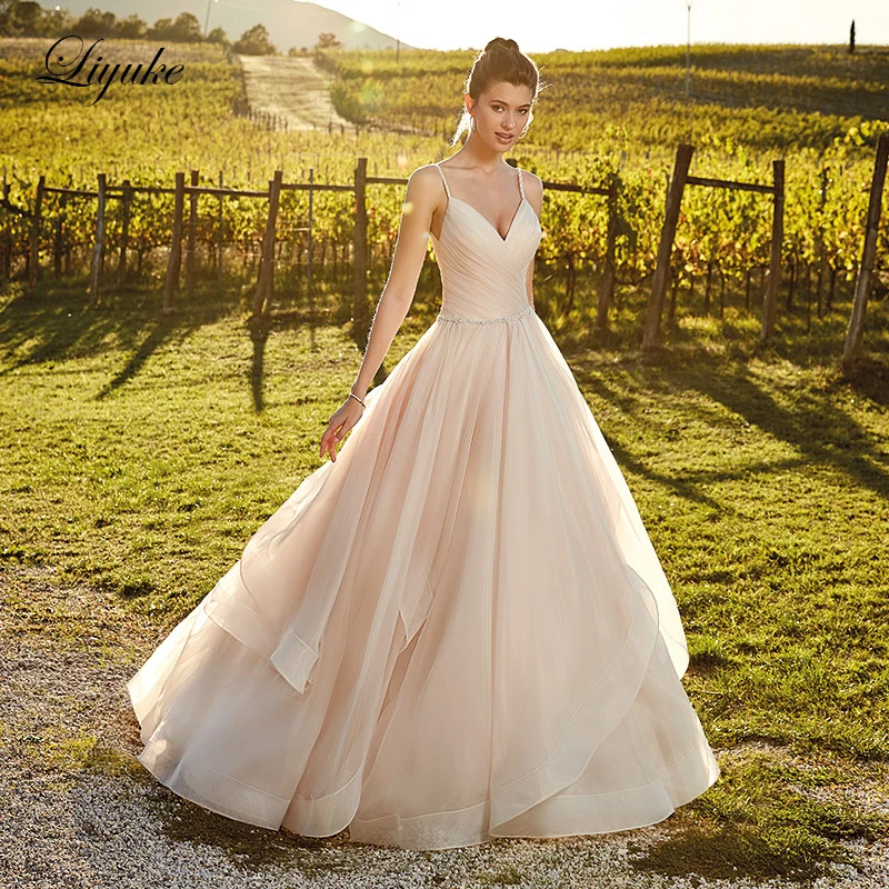 

Liyuke Vintage Pleat Tulle A-Line Wedding Dress V-Neckline With Backless And Buttons 2019 Wedding Gown