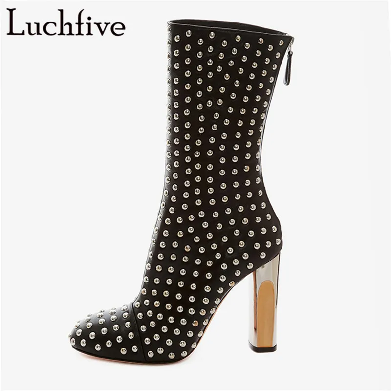 

2018 Sexy 10 cm silver metal high heels short Boots women rivets studded Ankle Boots Round toe zipper party botines mujer