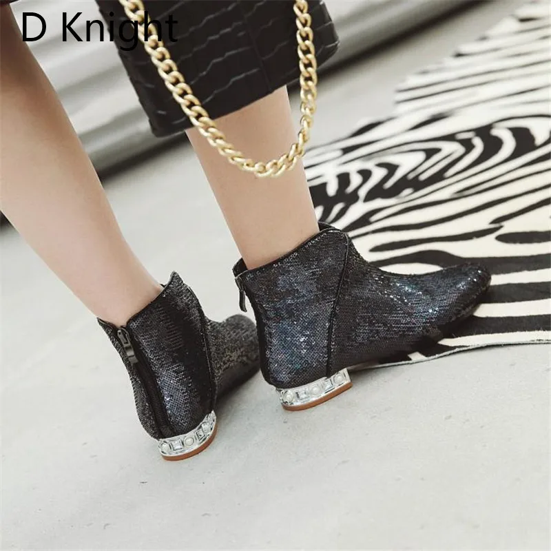 Plus Size 32-43 Women's Chelsea Boots Autumn Winter 2018 New Ankle Boots For Women Rhinestones Comfortable Sequins Ladies Shoes (14)