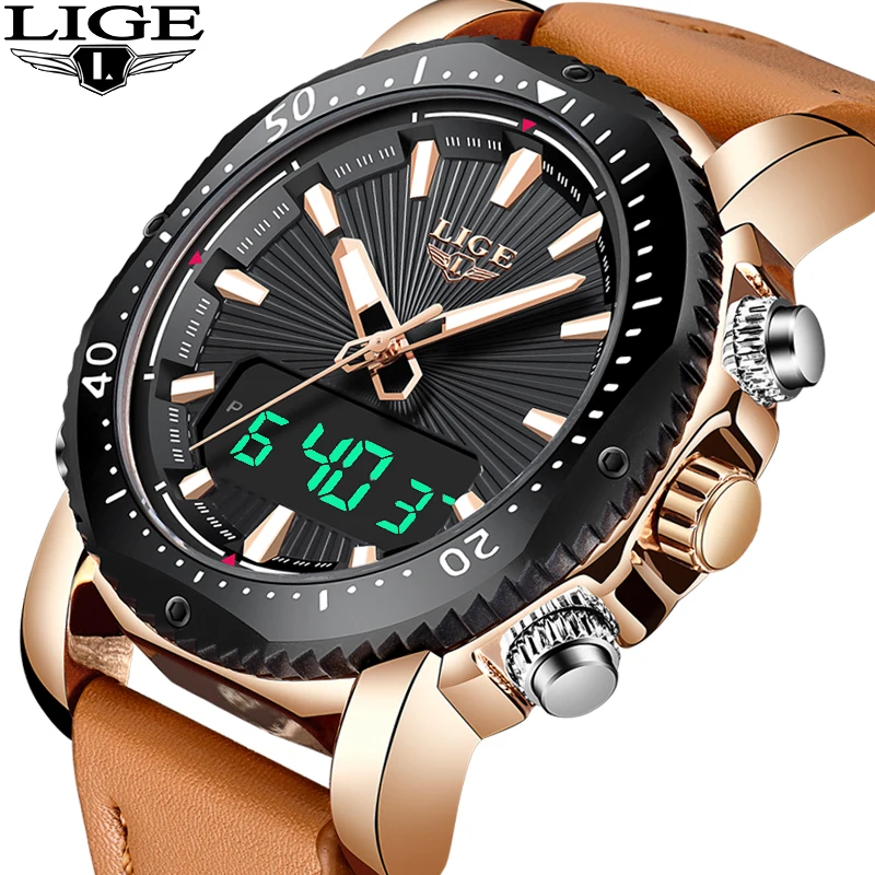 LIGE New Mens Watches Top Brand Luxury Quartz Dual Display Sport Waterproof Waterproof Men Business Leather Clock Montre Homme