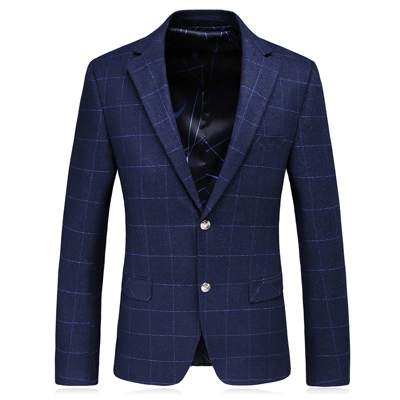 

Leisure Suits for Men Lattice Blue High Quality Business Casual Fashion Suits Slim Fit Non Ironing Male Large Size Gent Life