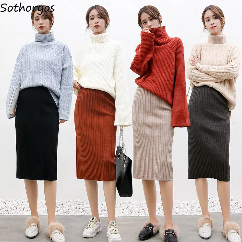 

Skirts Women Winter Knitting High Waist Long Skirt Winter All-match Elegant Ladies Trendy Womens Moda Mujer 2019 Simple Chic