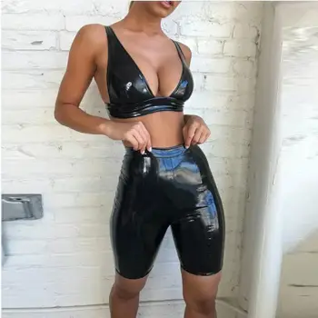 

Backless PU Leather Sexy Crop Top and Shorts Set Sleeveless V-Neck Autumn 2 Piece Set Women Casual Summer Women Tracksuit