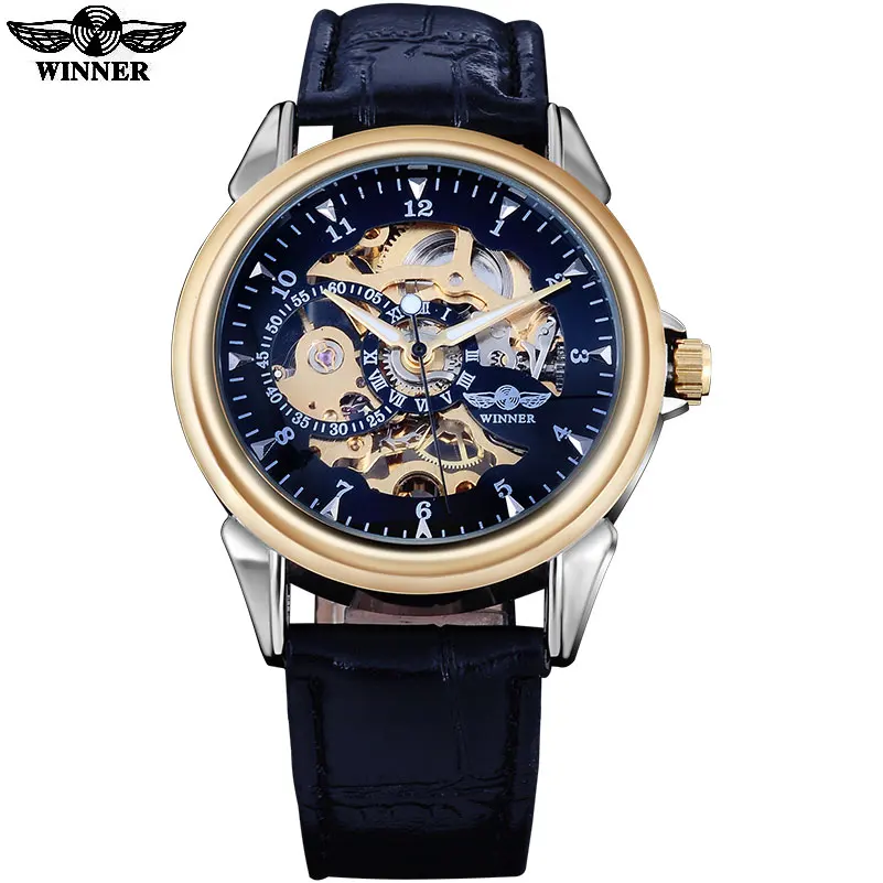 winner men women fashion military hand wind mechanical skeleton watches male PU leather strap golden black