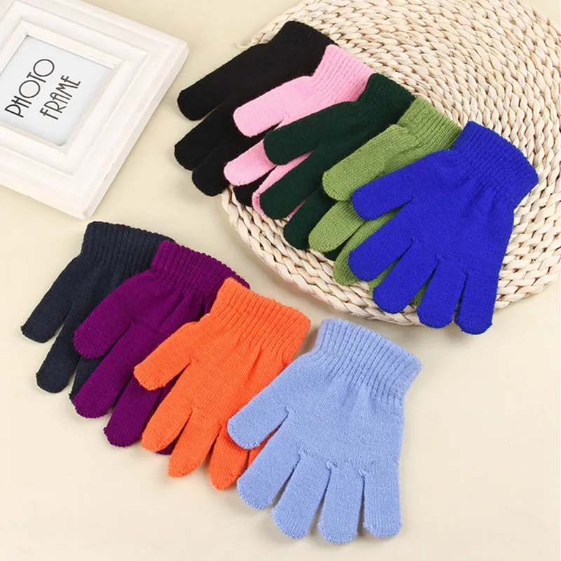 Одноцветное Цвет детские перчатки Зимние теплые детские перчатки дети трикотажные Стретч варежки полный палец трикотажные перчатки