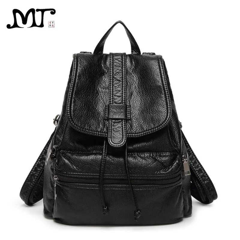 MJ Soft Leather Women Backpack Casual PU Leather Travel Bag Female Big Daypack Ladies Large Black School Bag for Teenage Girls
