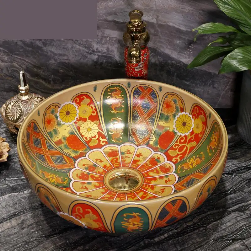 Ручная работа в европейском стиле в форме цветка керамическая раковина для ванной комнаты раковина круглая Античная керамическая раковина для ванной