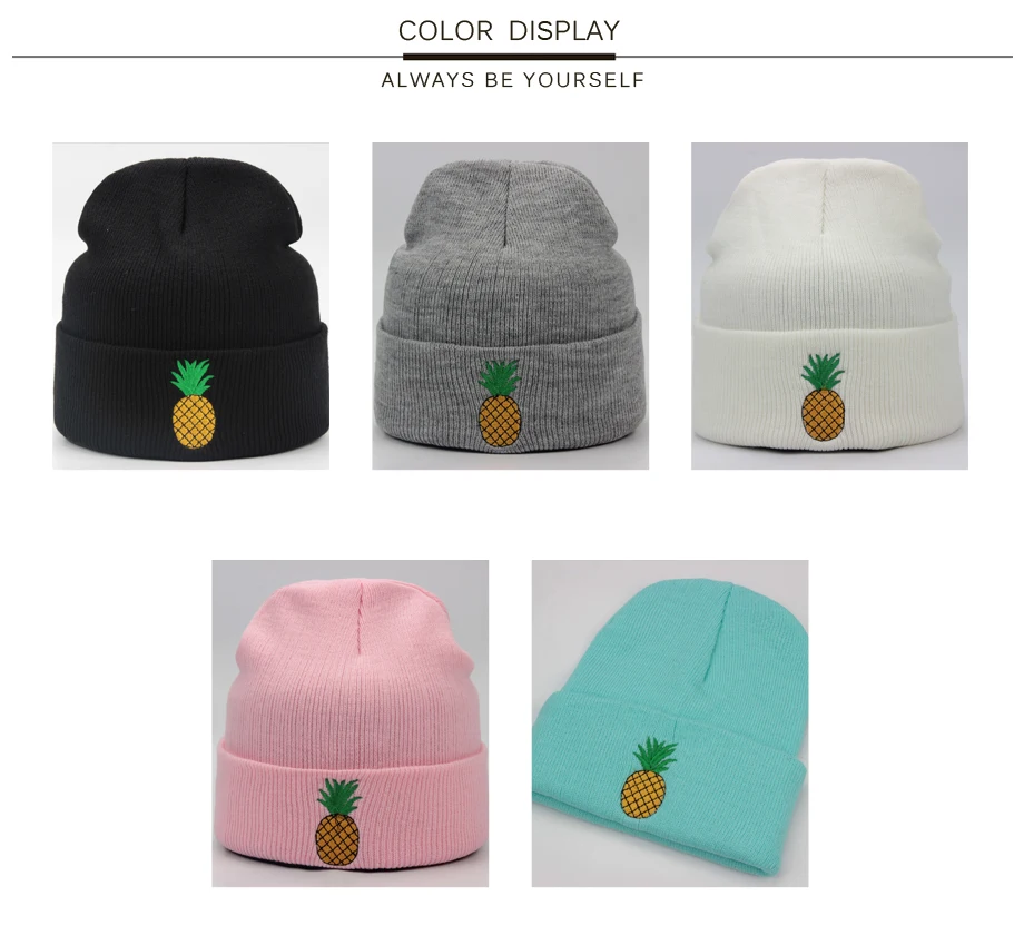 ADK Lady Knitted Hat With Embroidery Pineapple Acrylic Boys Girls Beanie Outdoor Leisure Caps For Women's (3)