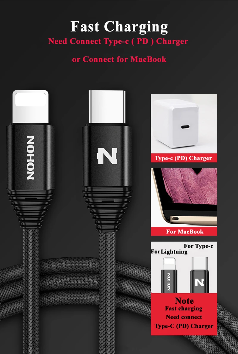 Nohon Type-C PD Cable to For Lightning iPhone X 8 Plus 8P 8 pin Phone Data Sync Cables For iPhone 7 6S 6 Plus 5S 5 Fast Charging Details (01)