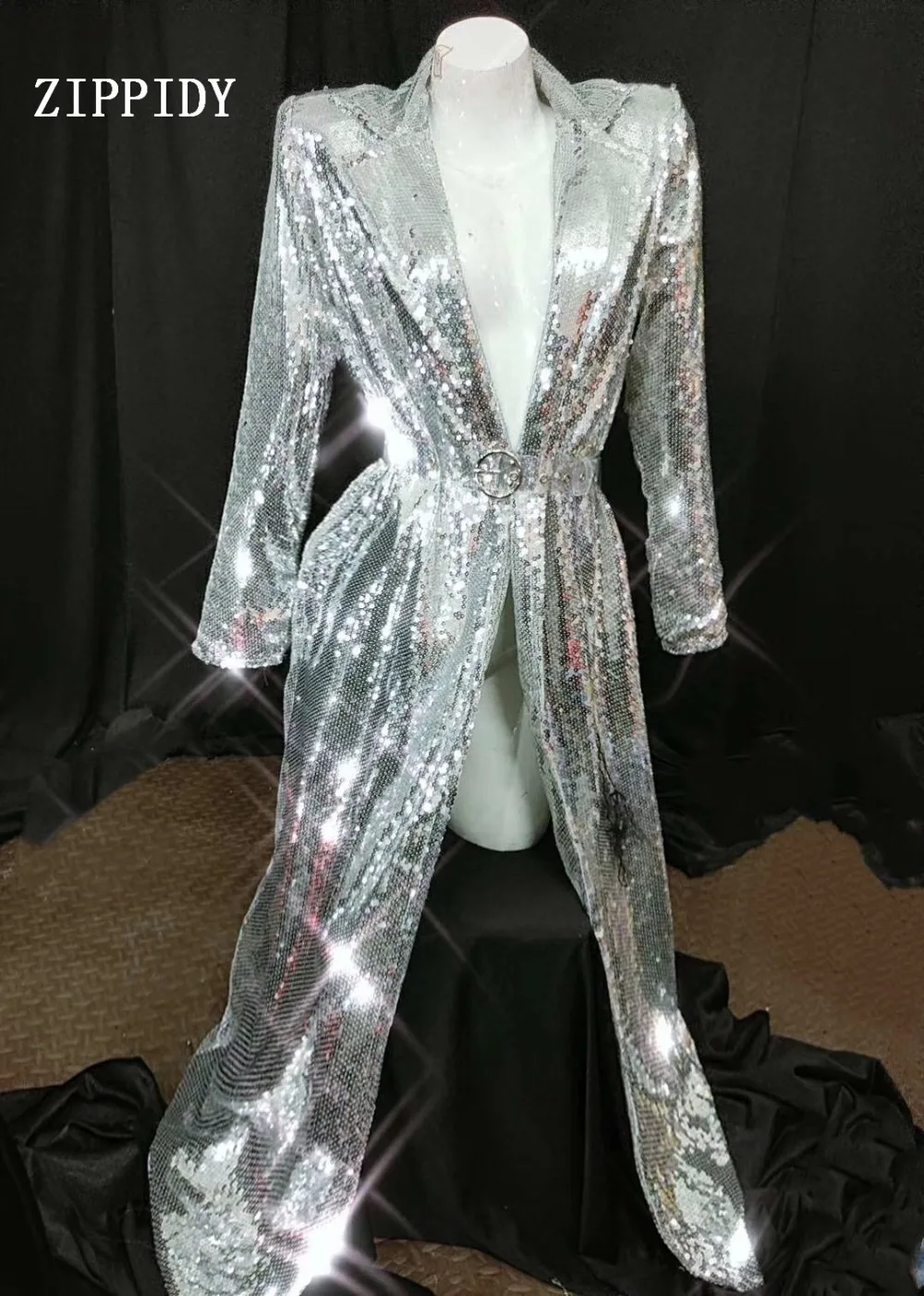 

2019 Fashion Women Sequins Coat female singer DJ stage show Silver Jacket cloak strap ds Performance costume