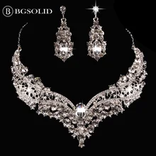 

Hot seller bride alloy large crystal necklace earrings set ornaments wedding dress accessories jewelry