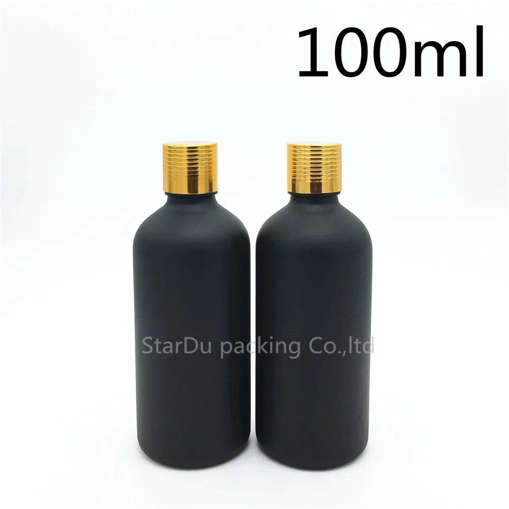 Best Free Shipping 240pcs 100ML Black Frosted Glass Bottle Vials Essential Oil Bottle with gold screw cap Perfume bottles