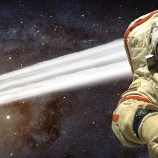 A comet passes by an astronaut in deep space Poster Print (50 x 16)