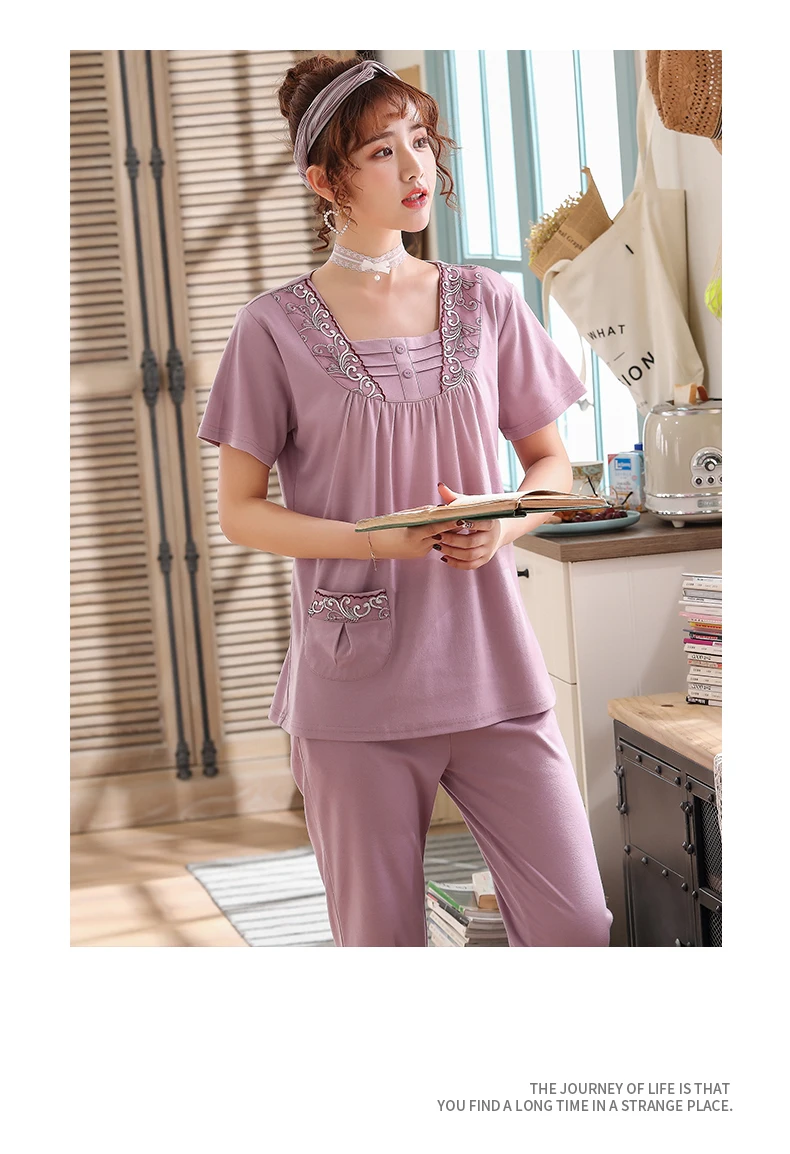 Pijama Mujer летняя одежда для отдыха хлопковый короткий пижамный комплект Фиолетовый однотонный кружевной воротник с аппликацией Элегантный женский пижамный комплект фиолетовый