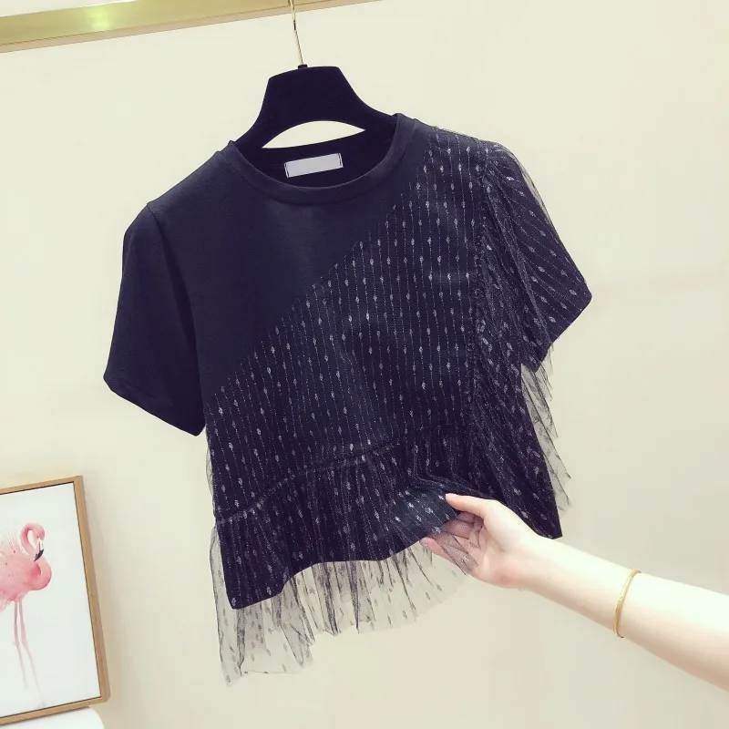 

2019 New Summer Fashion Irregular Mesh Sequins Faux Two Piece Top O Neck Solid Color Short Sleeve Women T-shirts Casual