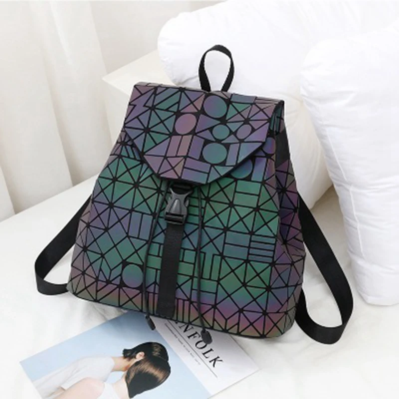 Women Laser Luminous Backpack School Hologram Geometric Fold Student School Bags For Teenage Girls holographic sac a dos (28)