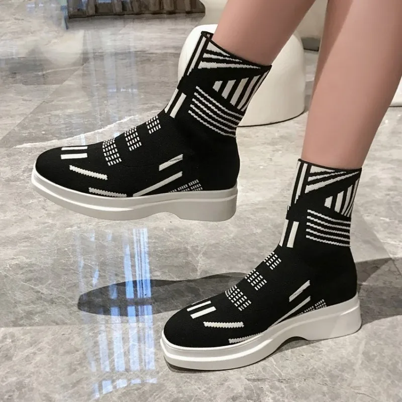 Calcetines de punto para mujer, botines, rayas blancas, geométricas, elastizados, de tacón alto, zapatos Oxford negros con plataforma, nuevo A1267|Botas hasta tobillo| -