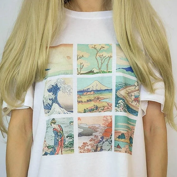 Online Fashionshow JF 1 stücke Van Gogh Monet Alphonse Mucha Hokusai Kunst Druck T shirt Sommer Mode Top Kurzarm Baumwolle frauen T shirt