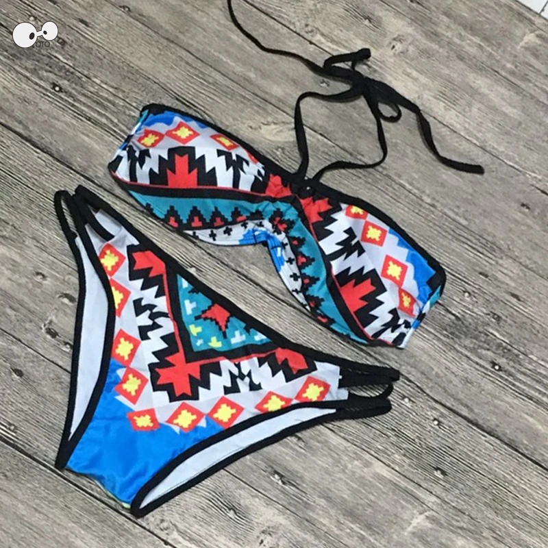 Bandeau Bikini Set Ethnic Printed Swimwear Halter Swimsuit Brazilian Biquini Sexy Bandage Bathing Suit Maillot De Bain Beachwear