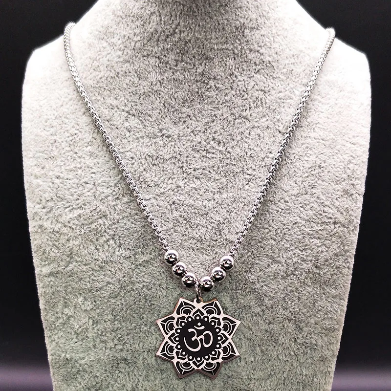 Модное ожерелье из нержавеющей стали в форме лотоса для женщин, длинное ожерелье черного бусина серебряного цвета, ювелирное изделие 18478
