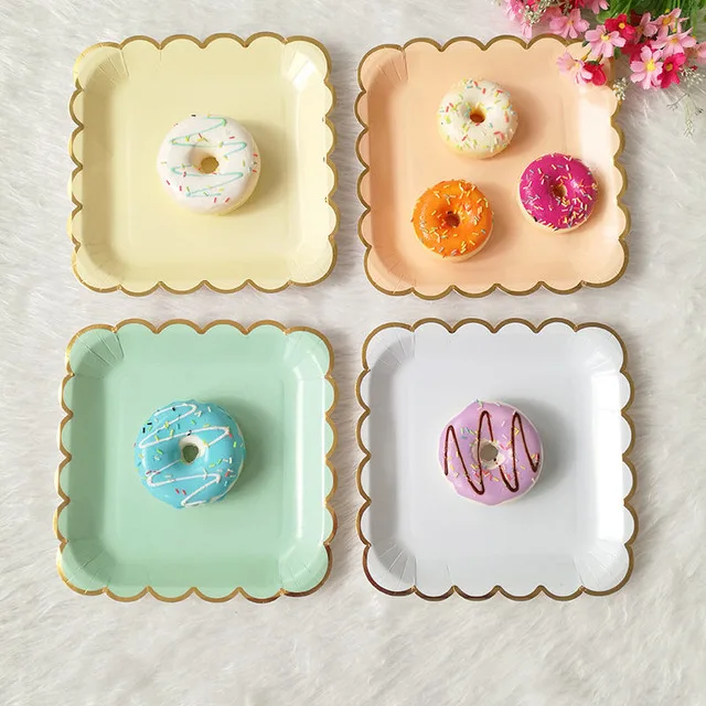 

Birthday Party Paper Disposable Plate Square Flower Type Mint Green For Afternoon Tea Cake Donut Wedding Use 9inch 8PCs/set
