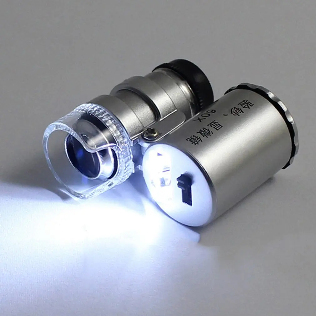 

Portable 60x Pocket Mini Microscope Magnifier Jeweler Loupes Glass Lens LED Light Money Detect Lamp Tester