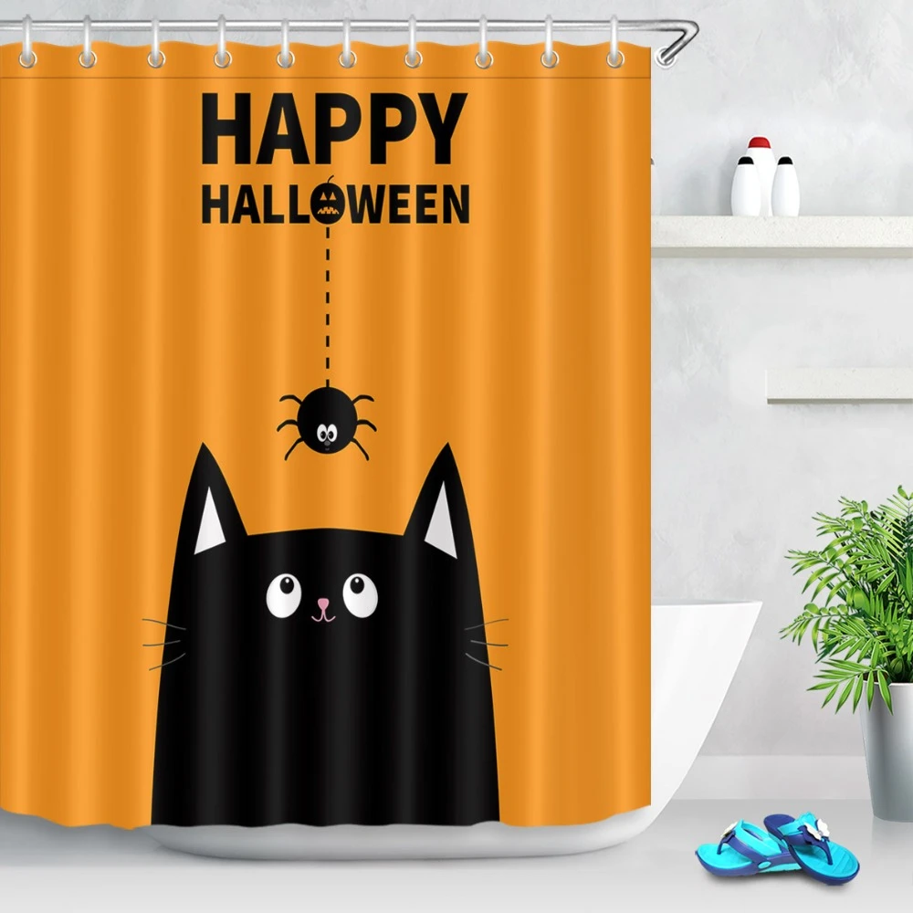 Lb Cute Black Cat Face Orange Spider Insect Shower Curtain Funny Halloween Waterproof Bathroom Fabric For Kids Art Bathtub Decor Shower Curtains Aliexpress