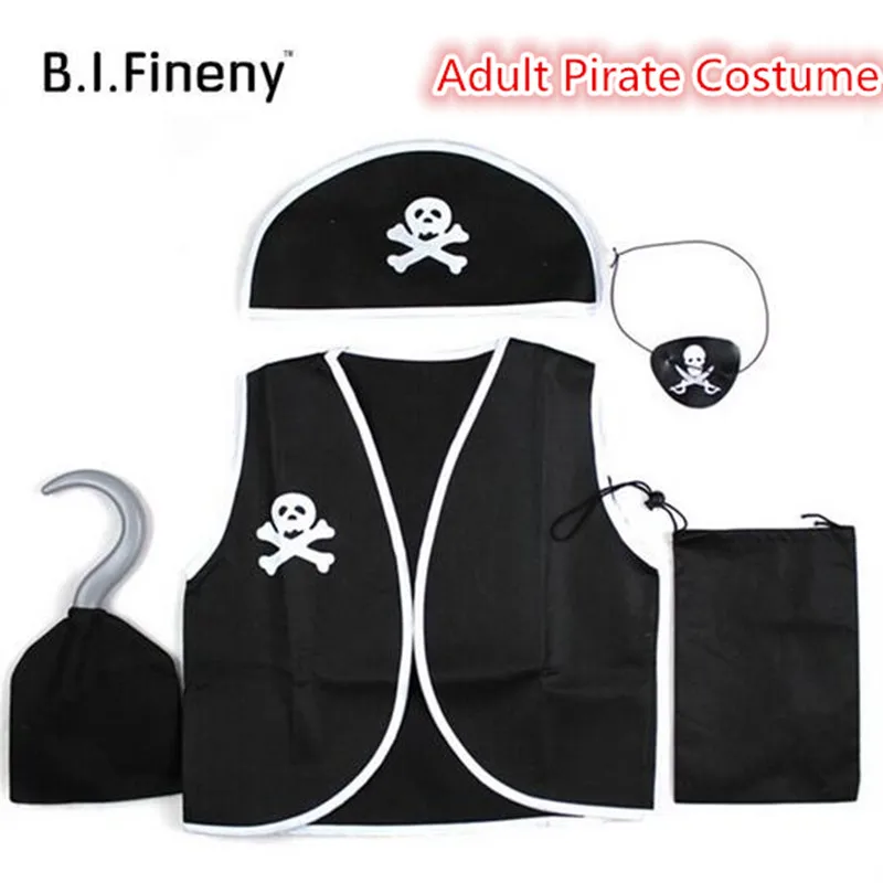 

Adult Men Women Pirate Cosplay Costume Christmas New Year Halloween Skull Eye Vest Hat Blinder Hook Party Costumes Sets