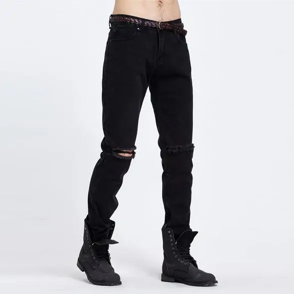 

Men 's Casual Fashion Street Trend Fold Nightclubs Elastic Hole Slim Feet Jeans MP10