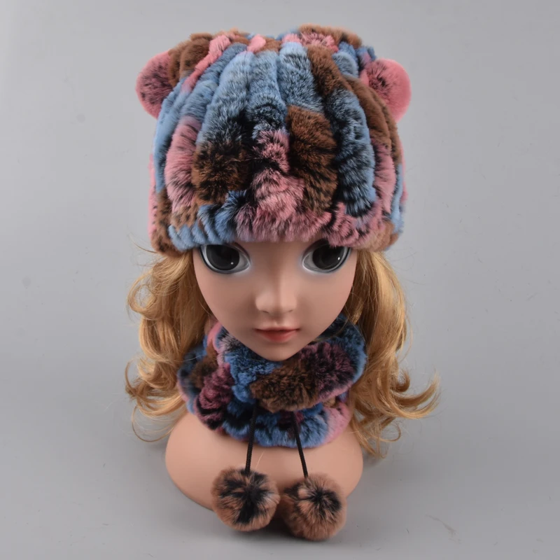 

Winter Fur Hats for Girls Real Fur Rex Rabbit Trapper Hat with balls Kids pompom knitted hat hand knitted beanies Ring scarf