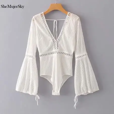 white SheMujerSky Белый Элегантный боди Выдалбливают с длинным Расклешенным рукавом боди черные повязки v-образным вырезом Комбинезоны - Цвет: white
