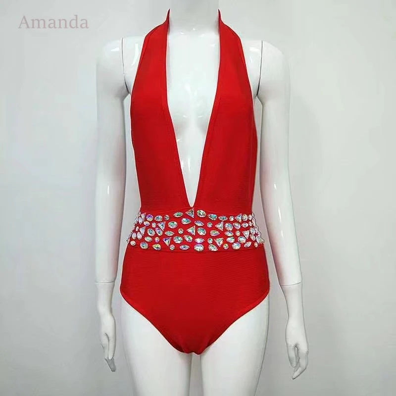 2017 summer Sexy deep v neck red black bandage bodysuit cut halter