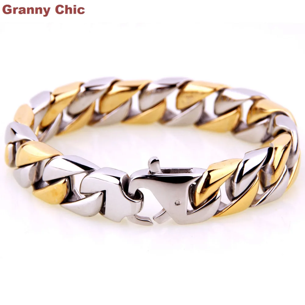 Granny Chic мужские ювелирные украшения серебряное Золото Тон нержавеющая сталь Снаряженная кубинская браслет цепочка 15 мм